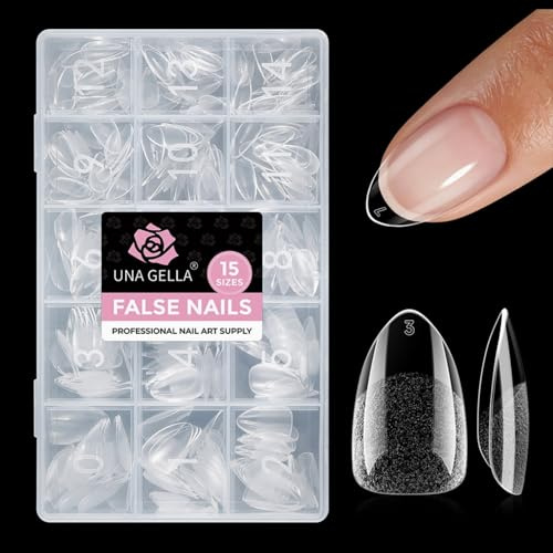 UNA GELLA Short Almond Nail Tips 300PCS Almond Clear Gel Press On Nails | Pre-Etched Soft Gel Clear Nail Tips Easy DIY Salon Short Almond Fake Tips Extensions Long-Lasting Hold 15 Sizes