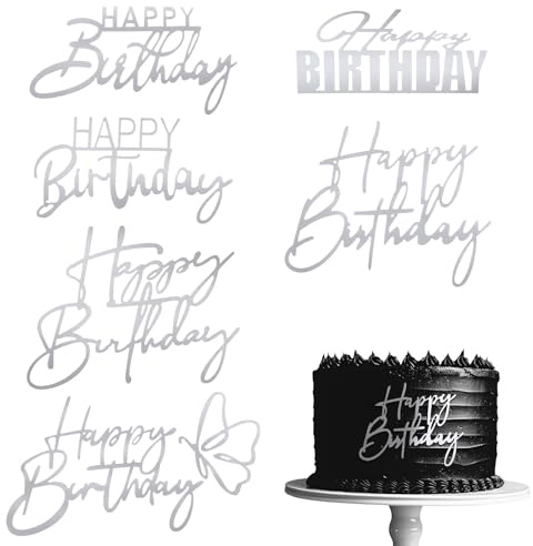 cobee 6 Pcs Silver Happy Birthday Cake Topper, Acrylic Birthday Cake Topper | Birthdays Cakes Sign Picks Cupcake Decoration Cakes Stick Decor for Celebrating Birthdays Party Dessert Decor