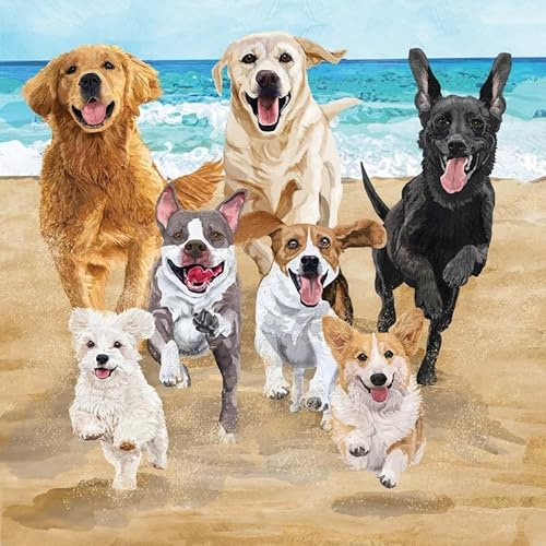 20 Servietten Tiere Hunde erfreuen sich an Strand als Tischdeko. Papierservietten mit Motiv. Auch für Decoupage und Serviettentechnik 33x33cm