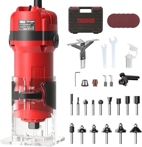 TEENO Rifilatore Fresatrice Verticale per Legno 800W 15000-32000 RPM,Legno Rifilatrice Elettrica,32 Accessori,15 pezzi 1/4 Fresatura Cuter, 6 Velocità Variabili, Mandrino 6/6.35,SCATOLA DI PLASTICA