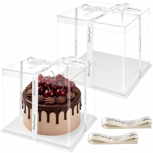 Otauoaea 2Stk Tortenbox Transparente 30x30x25CM, Geschenkbox Durchsichtig für Kuchen, Tortenschachtel Hoch,Wiederverwendbar Tortentransportbox mit Weiß Sockel und Band, Cake Box für Geburtstag Gebäck