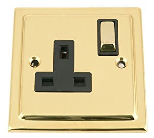 A5 Single Plug Socket 1 Gang 13A - Polished Brass - Victorian - Black Insert - Metal Rocker Switch