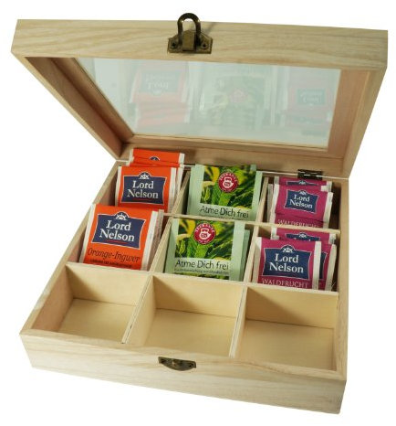 Incutex wooden tea storage box, tea bag organizer, chest container with 9 compartments and transparent lid for individual tea bag storage, light brown