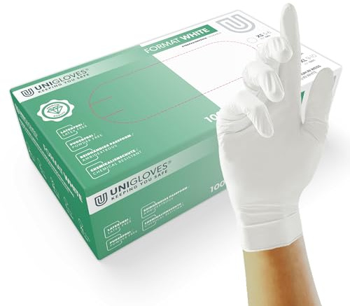 UNIGLOVES Passgenaue FORMAT® Weiß Einweghandschuhe aus Nitril | Lebensmittelecht, puderfrei & latexfrei, hohe Festigkeit & Haltbarkeit, 100 Stück, Einmalhandschuh S