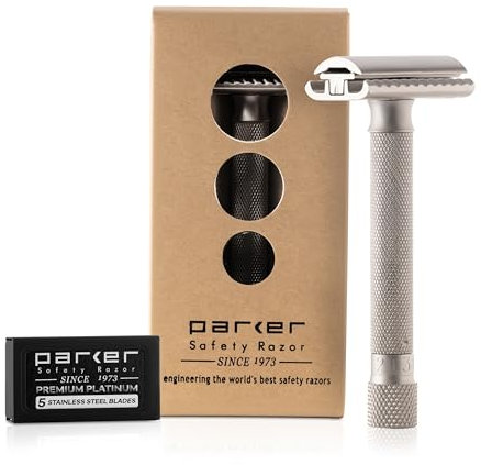 Parker Safety Razor Variant Einstellbare zweiseitige Sicherheits-Rasierer und 5 Premium Blades - Seidenmatt verchromt