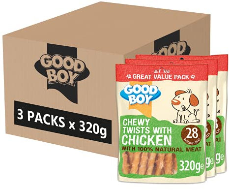 Good Boy - Chewy Twists With Chicken - Dog Treats - Made With 100% Natural Chicken Breast Meat - 320 Grams - Gluten Free Dog Treats (Case of 3)