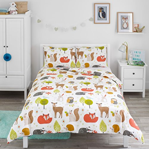 Bloomsbury Mill - Bettwäsche 200 x 200 cm Waldtiere für Kinder – Doppelbett Bettwäscheset für Jungen und Mädchen – Eule, Fuchs & Hirsch Wendebettwäsche und 2 Kissenbezug Set