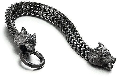 COOLSTEELANDBEYOND Biker Herren Schwarz Wolf Kopf Franco Link Panzerkette Armband aus Edelstahl mit Federringverschluss