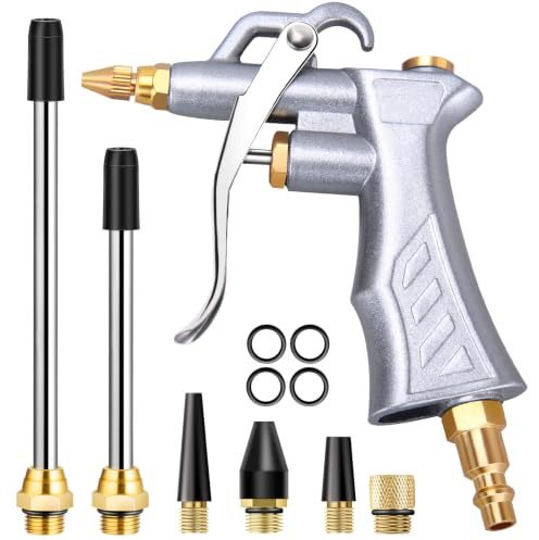 JASTIND Industrial Air Blow Gun with Brass Adjustable Air Flow Nozzle and 2 Steel Extension, Pneumatic Air Compressor Accessory Tool Dust Cleaning and Blower Gun