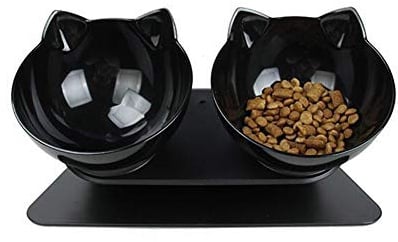 Luck Dawn Double Elevated Cat Bowls with Raised Stand, 15 Tilted cat Bowl Design Neck Guard Stand Raised Pet Food Water Feeder Bowl for Cats or Small Dogs