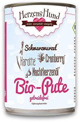 HerzensHund® (12 x 400g) | Bio-Pute Hundefutter mit Bio-Gemüse für ausgewachsene Hunde | glutenfrei | Super Premium Nassfutter für Erwachsene Hunde | 12er Pack