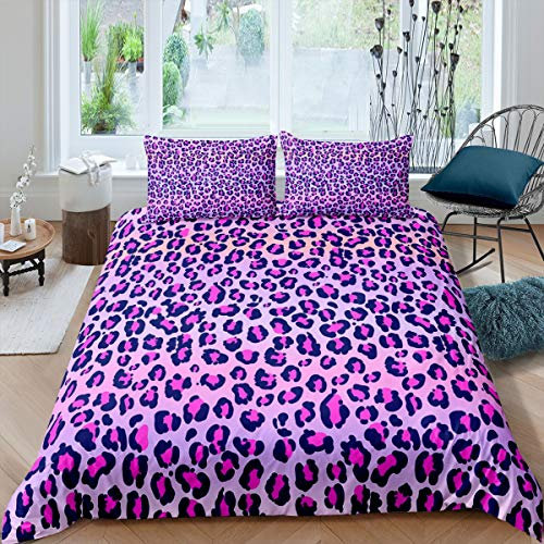 Loussiesd Leopard Print Duvet Cover Purple Cheetah Print Bedding Set Wild Animal Theme Comforter Cover for Girls Children Teens Bedroom Decor Stripe Bedspread Single Size With 1 Pillow Case