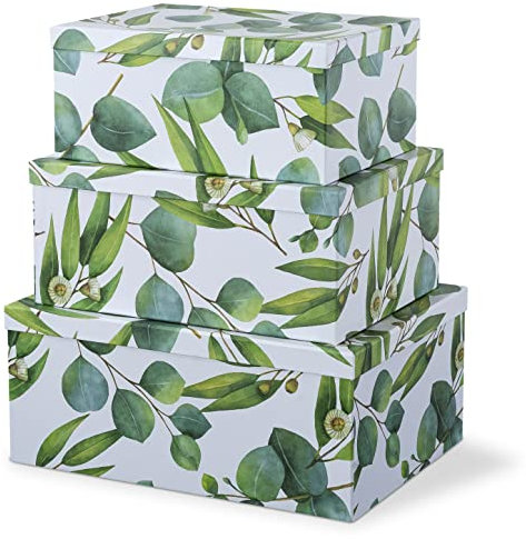 Soul & Lane Dekorative Kartonboxen mit Deckel für Heimdekoration – Zweige von Grün – Set mit 3 großen ineinander stapelbaren Geschenkboxen, hübsche Aufbewahrungsboxen aus Karton zum Organisieren,