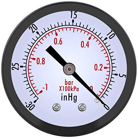 Pomya Indicador de vacio, 0 ~ -30inHg 0 ~ -1bar 50mm Mini medidor de presión de vacío de Aire para compresor de Aire Agua Aceite Gas, Manómetro del medidor de dial, 1/4 BSPT, Montaje Trasero Central