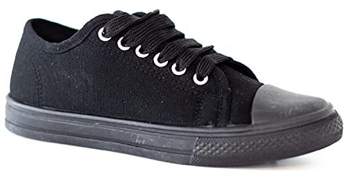 Ladies Unisex Flat Casual LACE UP Girls Pumps Canvas Plimsolls Womens Trainers Shoes Gym Sports Trainers Lightweight Comfortable PE All Black
