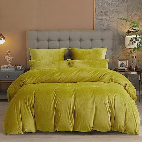 Damier Plüsch Bettwäsche 135x200cm 4 teilig Gold Gelb Winter Warme Cashmere Touch Bettwäsche Set mit Reißverschluss - 2 x Bettbezug 135 x 200 cm und 2 x Kopfkissenbezug 80 x 80 cm