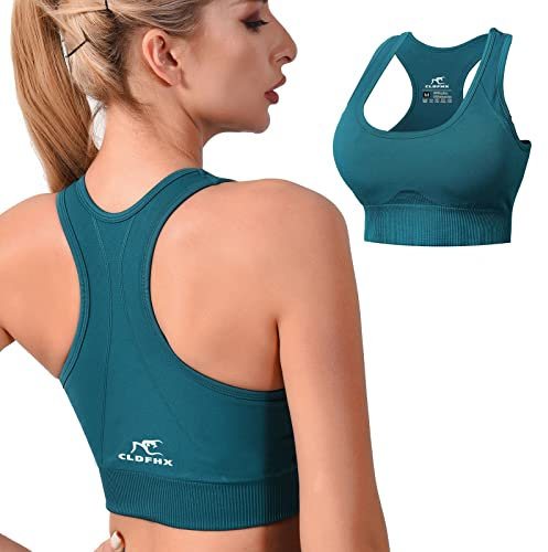 CLDFHX Damen Sport BH Starker Halt mit Polstern Ohne Bügel Comfy BH Nahtlos BH Racerback Top zum Yoga Joggen Fitness Laufen Pilates, Grün, L