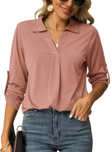 Odosalii Blouse Women Elegant Rolled Up Sleeve V Neck Workwear T Shirts Casual Summer Chiffon Tops Dressy Blouses Size 22-24