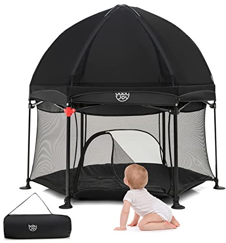 COSTWAY Sechseckiger Laufstall, Ein-Knopf-Faltung Laufgitter mit abnehmbarem Baldachin & Reißverschlusstür & Tragetasche & Matte, Absperrgitter aus Mesh & Oxford-Tuch für Baby 6-36 Monate (Schwarz)