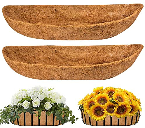 YUNSTK 2 Pcs Coco Liner Trough, 30 Inch Wall Mounted Planter Liner, Natural Coconut Fiber Hanging Basket Liners, Coco Fiber Replacement Liner for Window Box Planter, Wall Basket