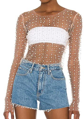 Naileksi Women Pearl Rhinestone Sheer Mesh Crop Top Sexy See Through Long Sleeve Slim Fit Cropped Blouse Shirt Clubwear, Nude, S