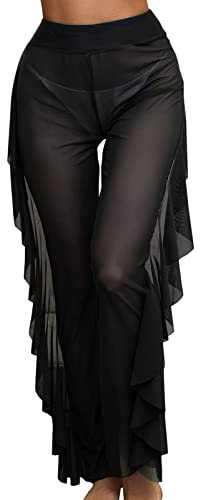 Women's Beach Trousers Bikini Mesh Sheer Cover Up Transparent Bikini Bottom Transparent Long Trousers Beachwear Bikini Undercover with Elastic Waist Mesh Loose Swimwear Swimsuits Pants, black, M