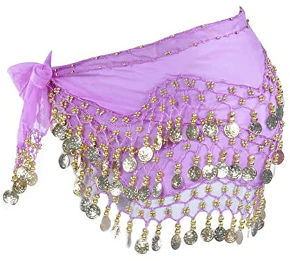 Damen Bauchtanz Gürtel, Bauchtanz Kostüm Hüfttuch Rock, Bauchtanzgürtel Münzgürtel Tanztuch mit 98 Münzen, Orientalischer Tanz Hüftschal, Chiffon, 1 Stück (Hell Lila)
