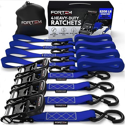 FORTEM Ratchet Tie Down Straps, 2362kg Break Strength, (4) 3.04 Meter Heavy Duty Straps, (4) Soft Loops, Rubber Coated Metal Handles, Safety S Lock Hooks, Carrying Bag