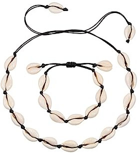WEIESCIE 2 piezas de collar de gargantilla de concha marina y pulseras de concha, cuerda ajustable boho hawaiana, adecuada para fiesta en la playa, fiesta temática, fiesta de verano