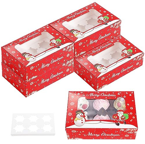 Kinsinder 20pcs Christmas Cookie Boxes Christmas Cupcake Sweet Boxes Gift Boxes with Clear Window Christmas Treat presents Bakery Boxes Chocolate Candy Box for Holiday Xmas Party Supplies (6 Hole Red)