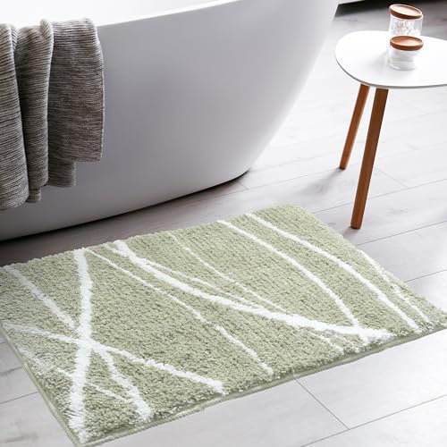 Tititex Luxuriöser Badezimmerteppich, Salbeigrün / Weiß, Kurvenlinie, 50,8 x 81,3 cm, extra weiche und saugfähige Mikrofaser-Badteppiche, rutschfester Plüsch-Badteppich, Badematten für