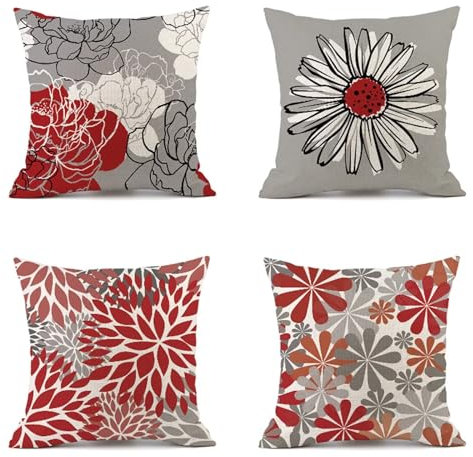 Kissenbezug 40x40 cm 4er Set Rot Kissenbezüge Blume Outdoor Kissen Leinen Sofakissen Dekokissen Gartenmöbel Kissen Kissenhülle couchkissen kissenhülle für Couch Wohnzimmer Büro Auto Decor Geschenke