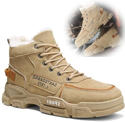 YuuFcy Herren Leder Winterstiefel, 2023 Neu Schneestiefel für Herren, Herren Schneestiefel Winter Wasserdicht Stiefeletten Warme Pelz für Outdoor Booties Mode Slip On Schuhe (Khaki,42 EU)