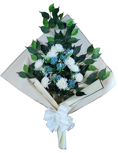 DRW Ramo de Flores para Cementerio Ramo Flores Artificiales para Meter en el Bote Jarron o sobre Sepultura 73x63x20 cm (Azul y Blanco)