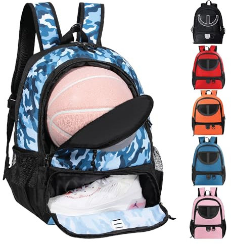 Basketballtasche, Rucksack für Damen und Herren, mit Ball- und Schuhfach, 30 l Fassungsvermögen, leicht, atmungsaktiv, für Jungen und Mädchen, geeignet für Volleyball, Fußball, Sport, Blau-Tarnmuster