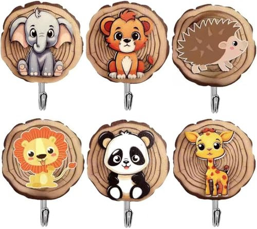 Vamotto Wooden Animal Wall Hooks, 6-Pack Self Adhesive Coat Hooks Hanging Wall Mounted Hooks for Coats, Towels, Hats,Backpack, Robe, Purse Decorative Farmhouse