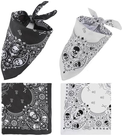 2 Stück Bandana schwarz, Schwarze Weiß Bandana Schal Kopftuch mit Totenkopf-Design und Karierter Rand Schädel Paisley Bandanas Totenkopf Stirnband Kopftücher für Herren Damen Kinder Kostüm Zubehör