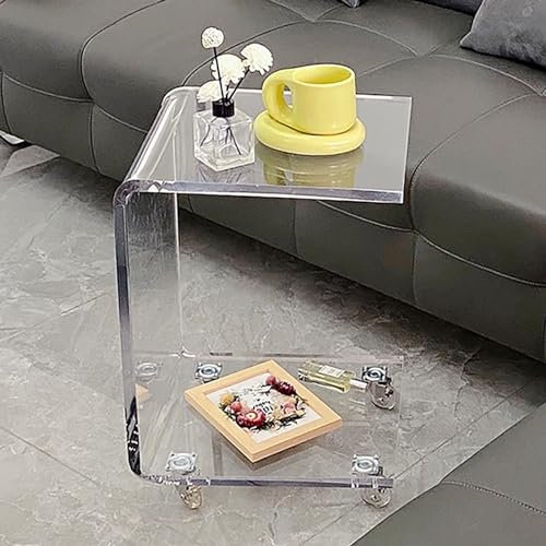 Durchsichtiger Couchtisch aus Acryl, mobiler C-förmiger Beistelltisch, Sofa-Beistelltisch aus Acryl, Snacktisch auf Rollen, durchsichtiger Rolltisch (Größe: 40 x 35 x 58 cm)