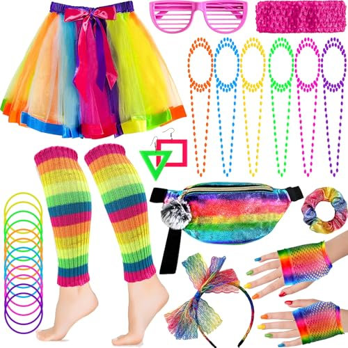 Peirich Déguisement Année 80 Accessoire Femme, 29PCS 80s Disco Costume Vetement Fête, Jambières, Tutu Fluo, Sac Banane Néon, Dress up des années 90