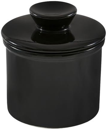 SPORWAY Mantequillera francesa, de cerámica, con tapa, con línea de agua, para mantequilla blanda (negro)