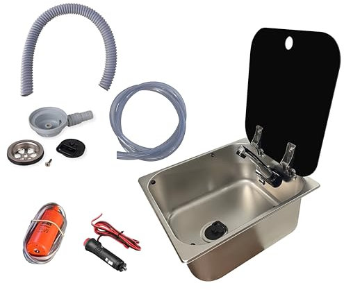 kit fregadero camper 12v 32x35x15 ideal para tu caravana o camper, incluye grifo comet london agua fria, desague 90 grados, bomba sumergible 10L 12v, conducto agua limpia (1M) y conducto agua sucia