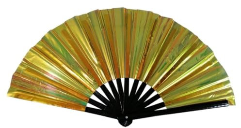 SamHeng Shiny Large Folding Fan, Holographic Metallic Handheld Fan for Party Favors, 10 Chinese Kung Fu Tai Chi Hand Fan for Festival Rave Dancing, Plastic Sparkling Hand Fan for Wedding Birthday