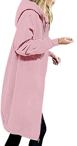 EMATOP Sweatjacke Damen Lang Hoodie Jacke Casual Lose Sweatshirt mit Kapuze Cardigan Warm Langarm Kapuzenjacke Einfarbig Elegant Fleecejacke Zip Kapuzenpullover Mantel mit Taschen Outwear