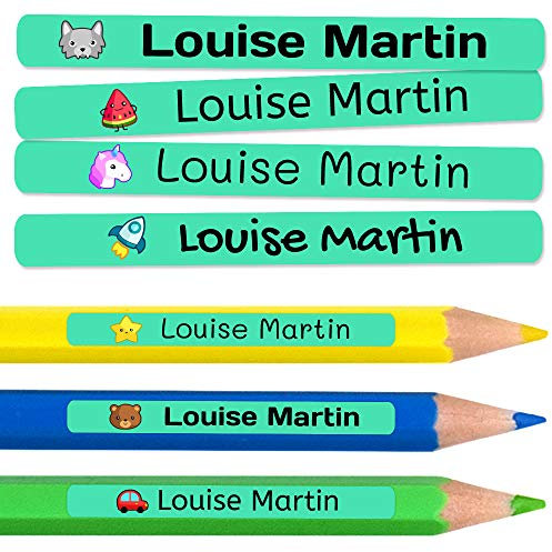 100 personalisierte Klebeetiketten für Bleistifte und Kugelschreiber. Schulaufkleber mit Namen zum Markieren von Gegenständen. Wasserfeste Aufkleber für Schule und Kindergarten Maße 4,6 x 0,6 cm
