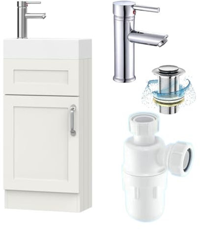 BELOFAY Under Sink Bathroom Cabinet Floor Standing Storage Cupboard Basin vanity Unit, 400mm Laquered Cloakroom vanity unit with basin, Trap and Waste, Tap not included (Crawley White)