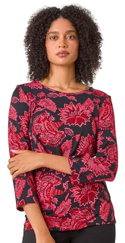 Roman Originals Animal Print Stretch Twist Detail Top for Women UK - Ladies Everyday Holiday Spring Summer Round Neckline Comfy Soft Evening Vacation Work Party - Floral Pink Noir - Size 18