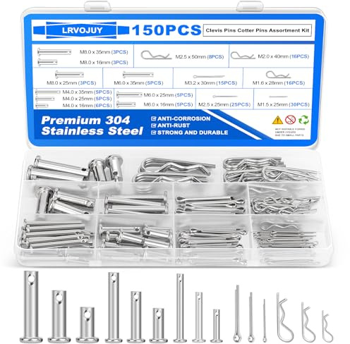 150PCS Premium 304 Stainless Steel Clevis Pins Cotter Pins R Clips Assortment Kit, 15 Sizes Single Hole Flat Head Cotter Clips Fasteners for Trailer Hitch, Automotive, Machinery Use