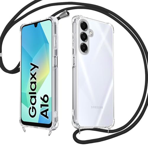 E-Lush Handyhülle Samsung Galaxy A16 5G Hülle mit Band, Transparent Silikon Handy Hülle für Samsung A16 5G Schutzhülle mit Kordel Abnehmbar, TPU Stoßfest Cover zum Umhängen Necklace Halskette, Schwarz