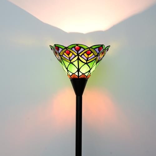 Blivuself Tiffany Torchiere Floor Lamp Green Peacock Tail Style Stained Glass Floor Light Antique 61 inches Tall Standing Lamp Handcrafted Pole Reading Uplight Lamp for Home Office Living Room