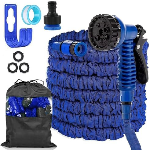 LINGKY Flexibler Gartenschlauch mit 7 Funktion 30m, Wasserschlauch flexibel mit 3-Fach Latexkern inkl. Adapter für 1/2' 3/4' Zoll und Wandhalterung, dehnbarer flexiSchlauch